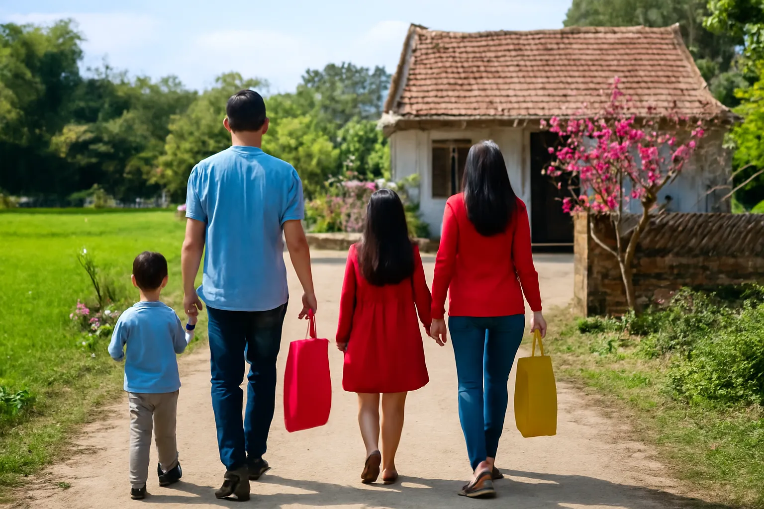 Gia đình bốn người đi trên đường làng về ngôi nhà mái ngói, tay xách túi quà Tết