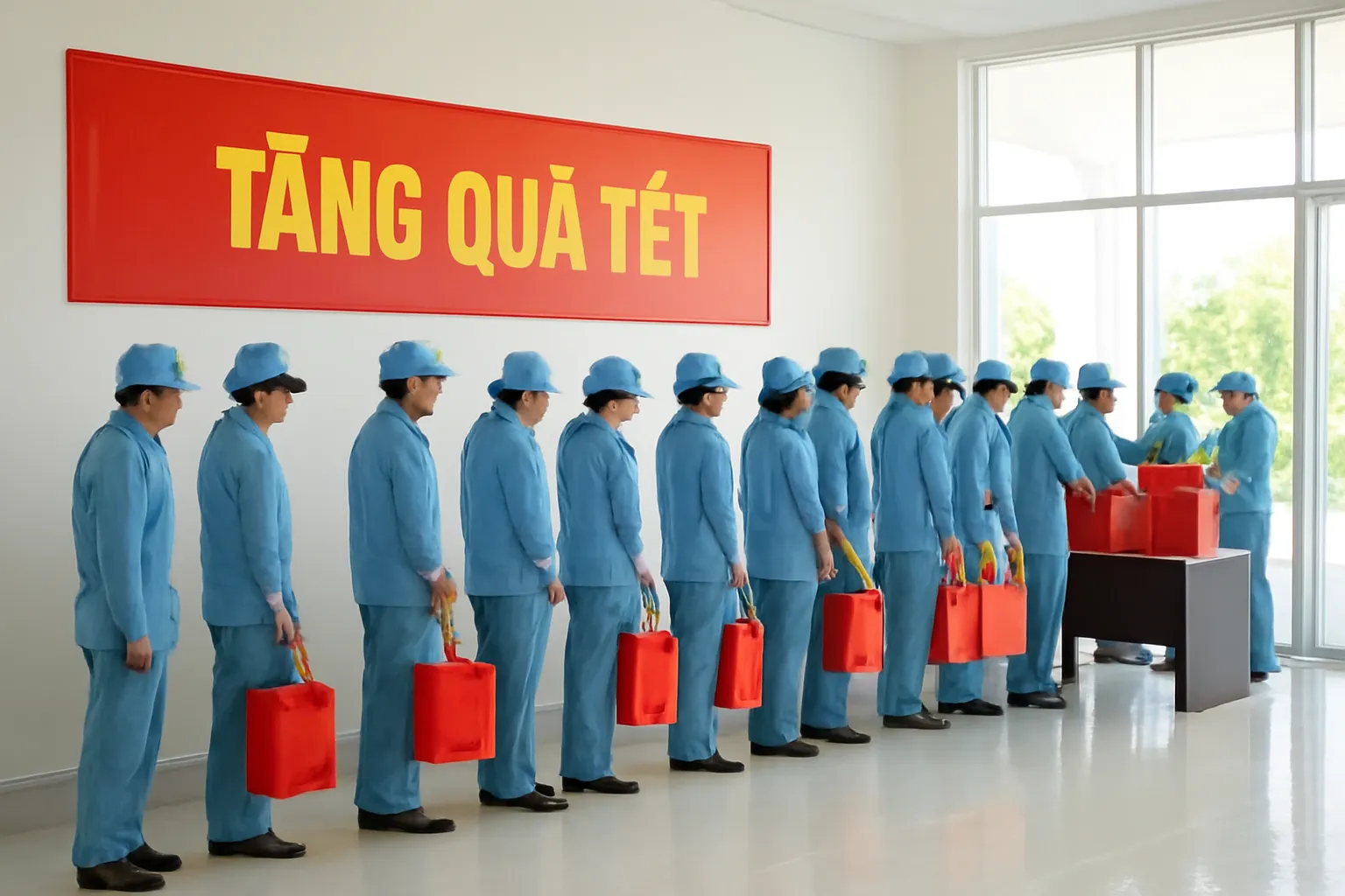 Nhân viên xếp hàng nhận túi quà Tết ở sảnh nhà xưởng sáng sủa