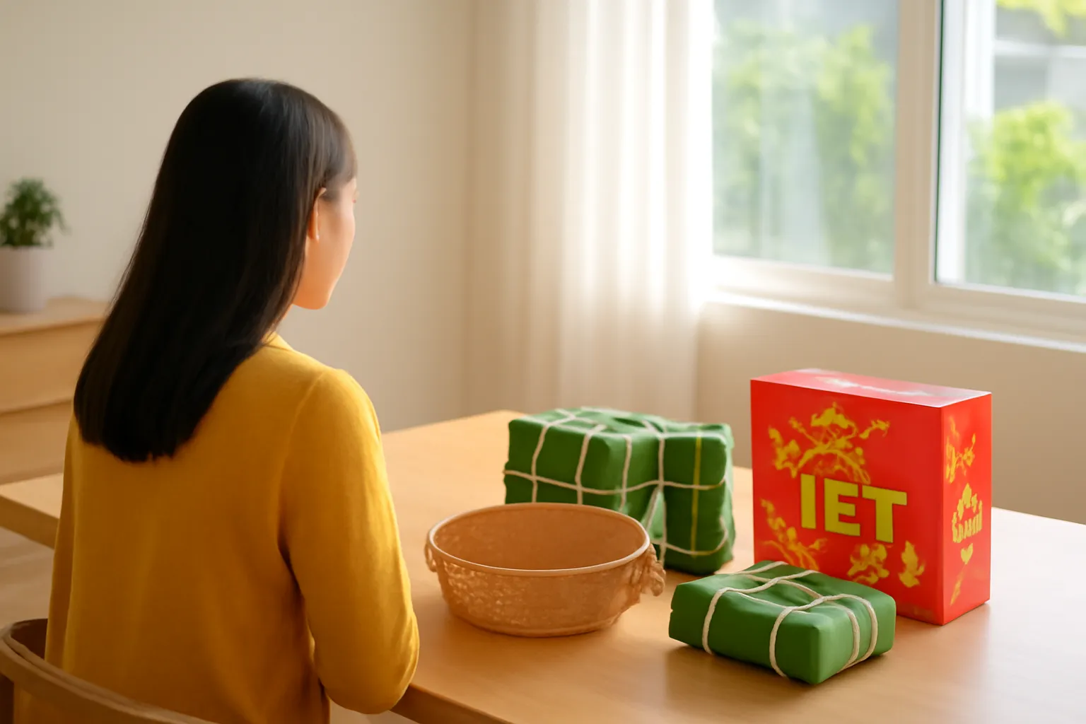 Giỏ mây trống đặt cạnh các món quà Tết rời trên bàn gỗ phòng khách