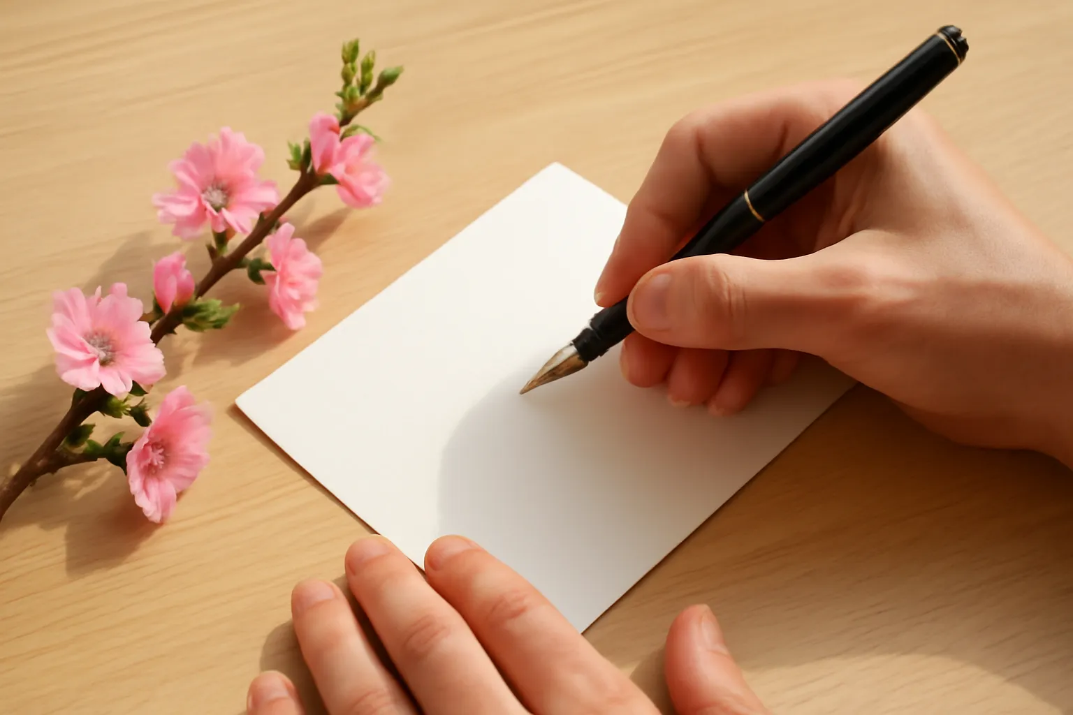 Đôi tay ký lên tấm thiệp trắng trơn cạnh cành đào nhỏ trên bàn gỗ