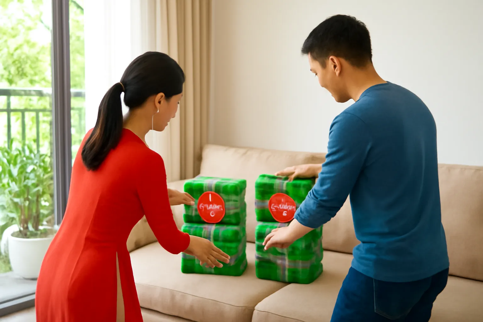 Hai người nhìn từ phía sau xếp hai chồng quà Tết ngang nhau trên sofa